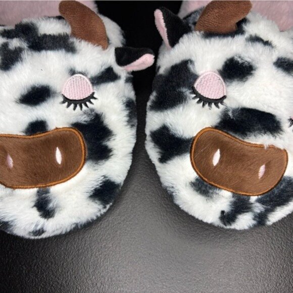 Wonder Nation Cozy Cow Plushie Slippers Black White Pink Holstein 3D Ears Horns - Picture 2 of 7
